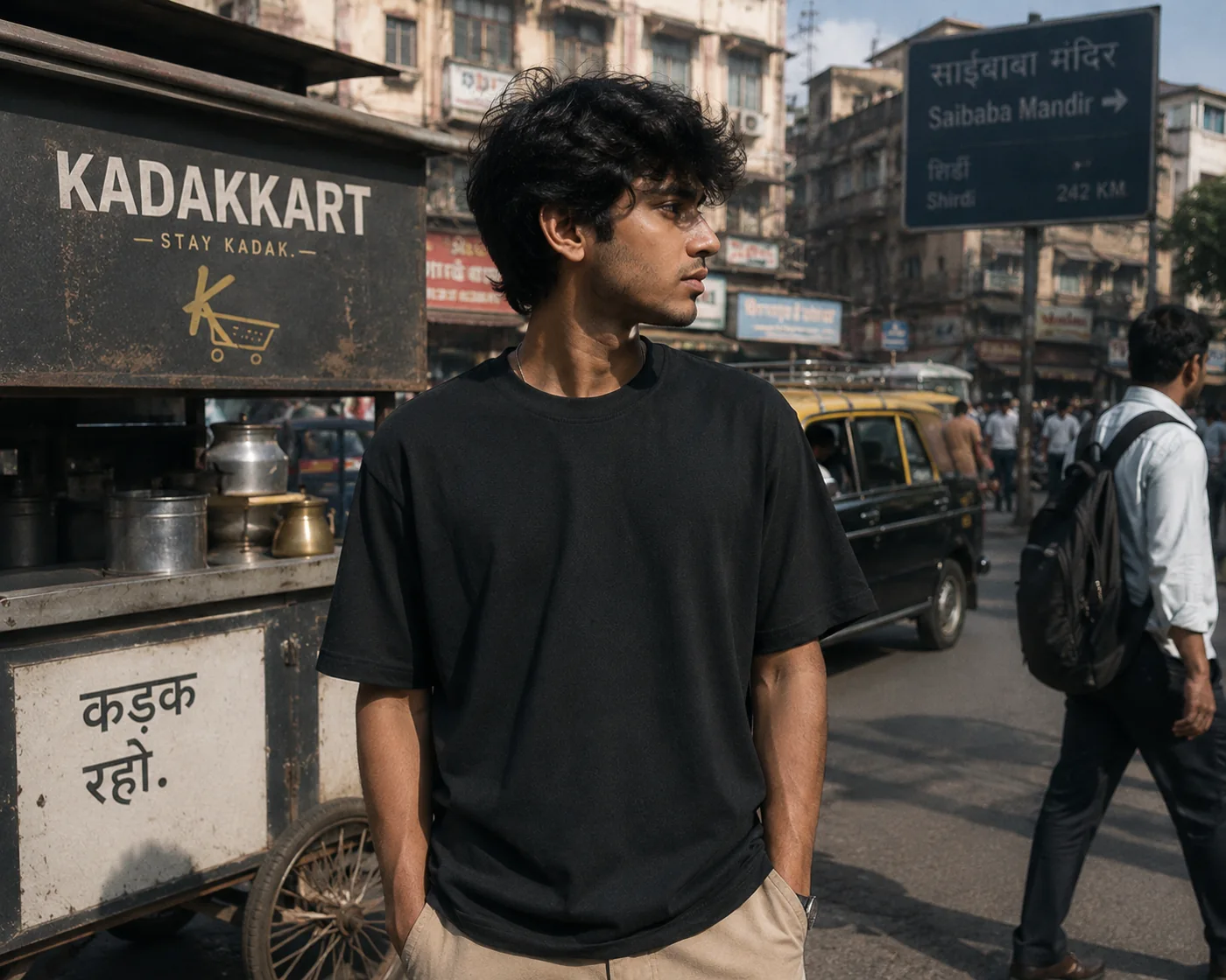 KADAKKART streetwear styled in an Indian street setting